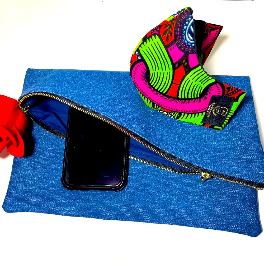 Slanted Denim Fold Over Clutch Bag